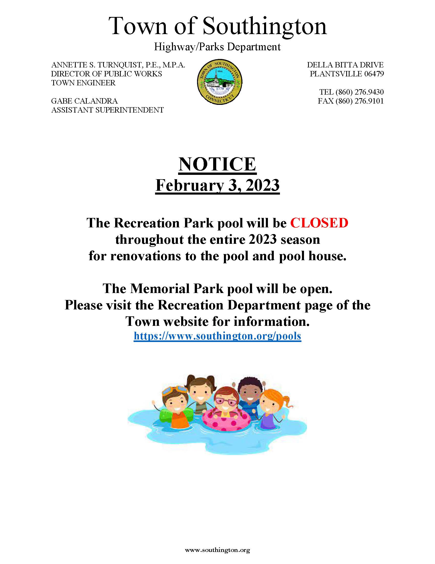 Pool Closure Notice 2-3-23